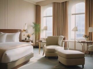 Fototapeta na wymiar Modern Luxury Unveiled: Step Inside the Ultimate Tranquil Retreat of a Sleek Hotel Room!