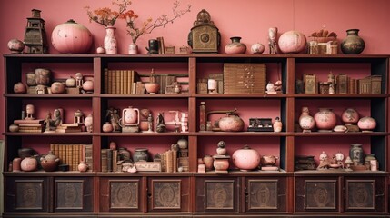 A fusion of culture a?" Japanese-style wall adorned with vintage vases and stacks of old books in shades of dusty rose.
