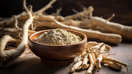 Ashwagandha root powder lying on a wooden table in a bowl, herbal treatment - obrazy, fototapety, plakaty