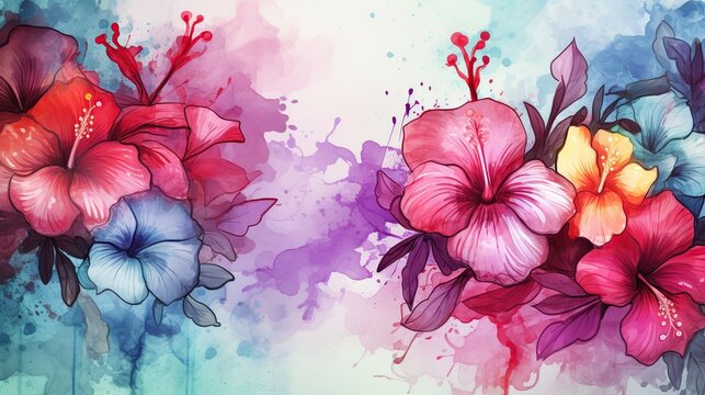 Hibiscus flower with watercolor style for background and invitation wedding card, AI generated image