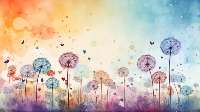 Dandelion flowers with watercolor style for background and invitation wedding card, AI generated