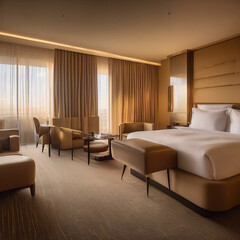 Fototapeta premium Modern Luxury Unveiled: Step Inside the Ultimate Tranquil Retreat of a Sleek Hotel Room!