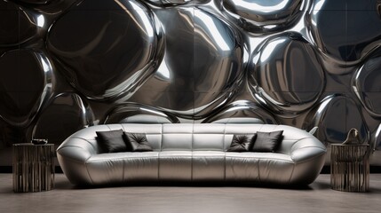 A futuristic modular sofa set against a silver metallic solid color pattern wall.