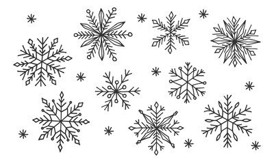 Doodle hand drawn snowflakes set. Black line drawn cute silhouette snowflake isolated on white. Element for winter design