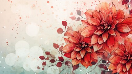 Dahlia flowers with watercolor splashes grunge background