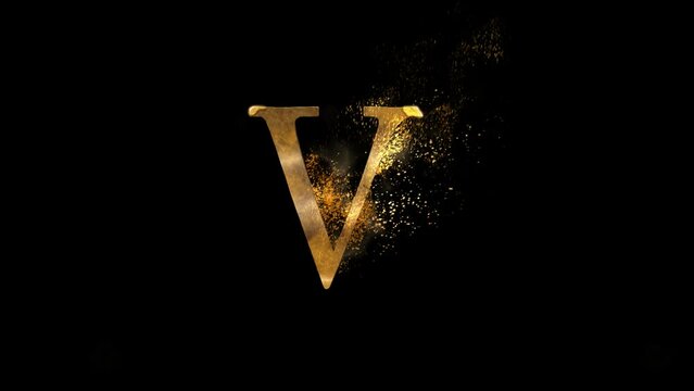 Golden letter V with particles, alphabet, abc, alpha channel