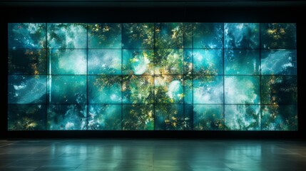 A high-tech video wall displaying animated patterns that react to ambient sounds in the environment.