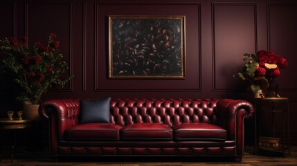 A leather Chesterfield sofa against a deep maroon solid color pattern wall.