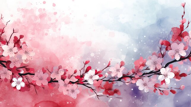 Beautiful cherry blossom flower watercolor splashes background, invitation wedding card, AI generated
