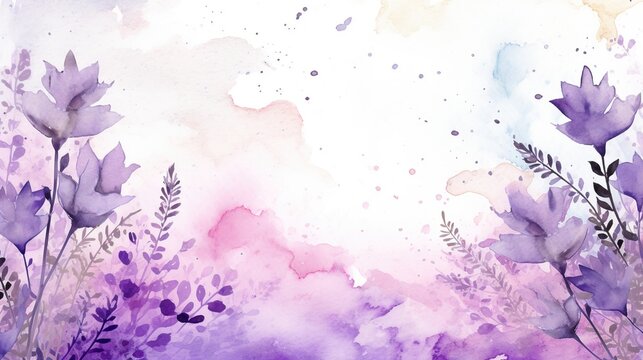 Beautiful lavender flowers watercolor splashes flower background, invitation wedding card, AI generated