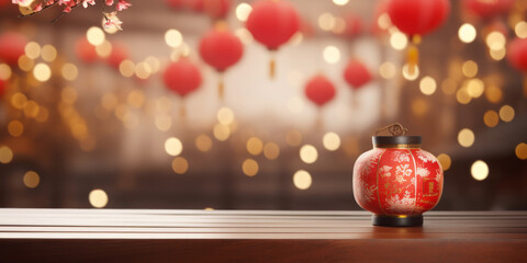 Chinese new year empty wooden table top for product display with oriental background