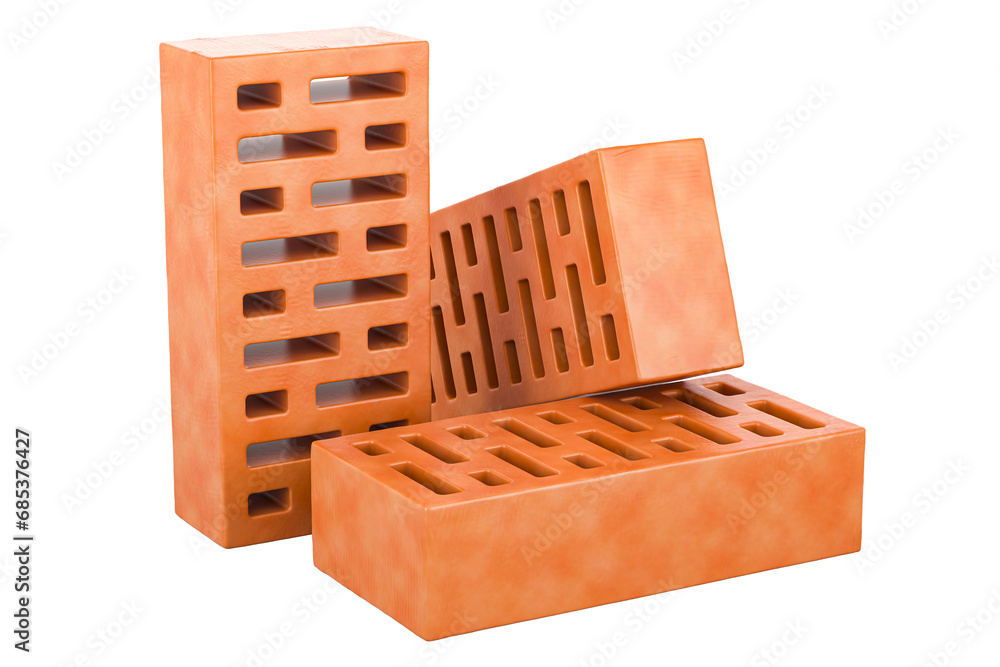 Poster red clay bricks, 3d rendering isolated on transparent background