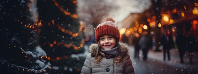 cute little girl in hat and coat in the winter on the street