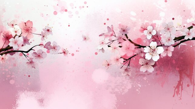 Beautiful cherry blossom flower watercolor splashes background, invitation wedding card, AI generated