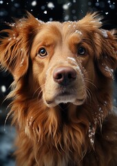 Red Golden Retriever mix with snow on her muzzle framed with head slightly right and filling half of image stares left waiting for the throw of a ball. White chin, mouth slightly open, snow in back.