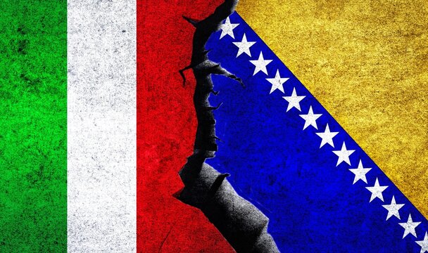 Italy vs Bosnia and Herzegovina flags on a wall with crack. Italy Bosnia and Herzegovina conflict, war crisis, economy, relationship, trade concept