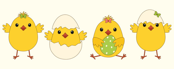 A vector set of cartoon Easter chicks on a white background. Vector illustration - obrazy, fototapety, plakaty
