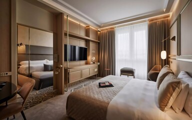 Fototapeta na wymiar Modern Marvel: Step Inside the Luxurious Serenity of Your Dream Hotel Room!