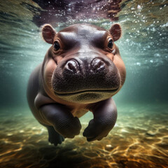 gorgeous baby hippo swimming underwater in the river - obrazy, fototapety, plakaty