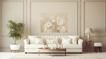 A monochromatic white sofa set against an ivory solid color pattern wall.