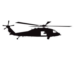 Military helicopter silhouette vector graphic in black. Vector illustration
