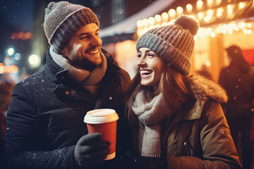 pareja de hombre y mujer jovenes sonrientes tomando un café en un mercado navideño durante la...
