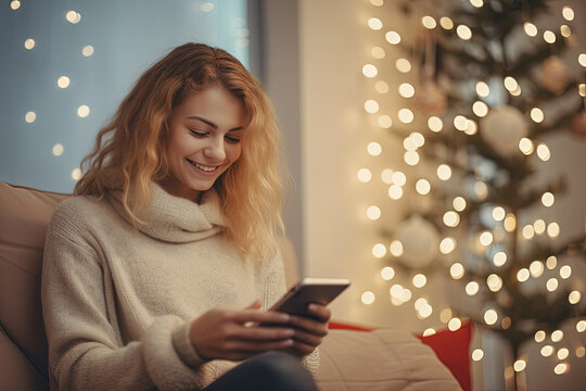 mujer joven sentada en un sof&aacute; en el  sal&oacute;n de su casa viendo el m&oacute;vil, con fondo desenfocado de &aacute;rbol de navidad