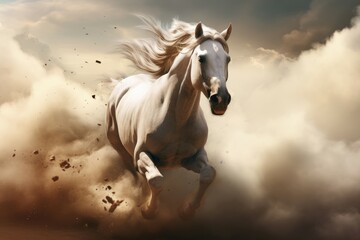 Obraz na płótnie Canvas Frisky Horse wild running through clouds. Beautiful mammal. Generate Ai