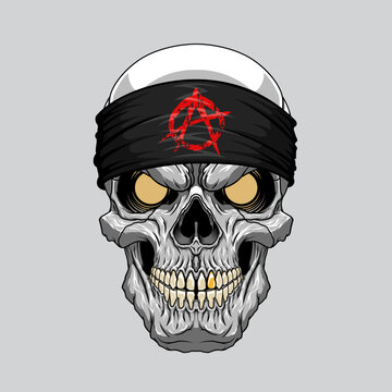 A sinister skull wearing a black bandanna with a red anarchy sign. The skull of a man in a bandana. Vector illustration with high detail.