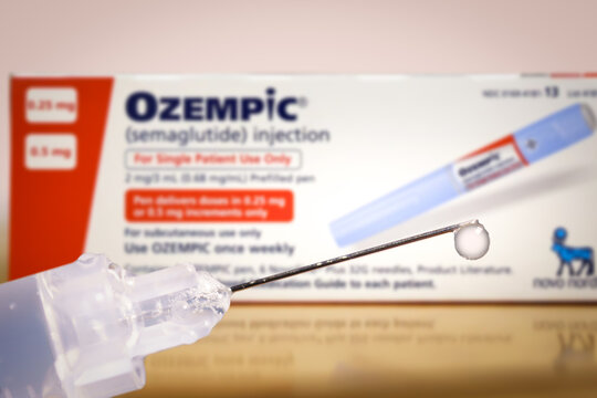 Tarragona, Spain. November 28 2023:Close-up Of A Drop In A Syringe With A Box Of The Medicine Ozempic In The Background. Semaglutide Is A Hormone That Is Used As A Medication For Improve Blood Sugar