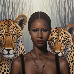 Illustration of a beautiful African woman with two leopards. - obrazy, fototapety, plakaty