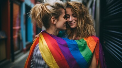 Smiling lesbian couple covered in rainbow flag by pink background