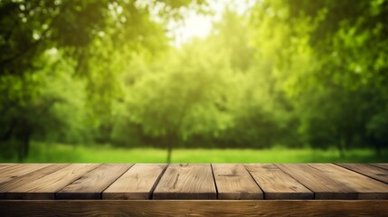 Empty wooden table with green nature background, copy space, 16:9