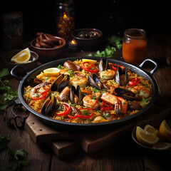 A classic Spanish paella served in a traditional paellera pan.