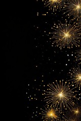 Black New Years banner with golden fireworks and room for copy. 