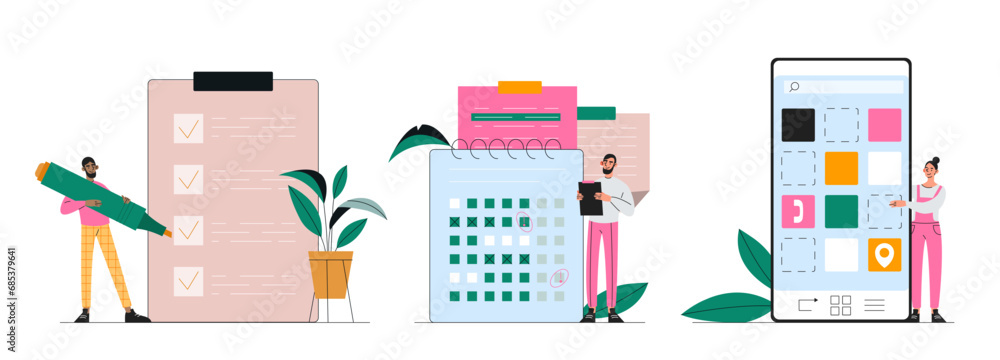 Poster schedule management set. planning and time management. men with to do list and calendar. motivation 