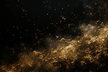 Gold sequins glitter dust isolated on black background.