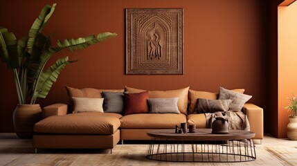 A sectional sofa in earthy tones against a terracotta solid color pattern wall.