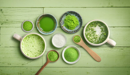 Matcha latte tea table display with raw matcha milk and spoon on bright green wood background