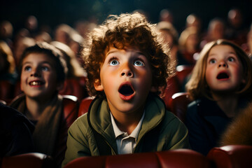 young boy in cinema looking shocked
