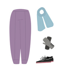 Set of women clothing. Fashion, trend and style. Outwear for girls. Black shoes and gloves, violet pants. Template and layout. Cartoon flat vector collection isolated on white background