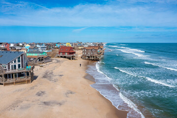 Aerial View of Houses on the Beach With the Ocean Coming up to the Pilings in Rodanthe North...