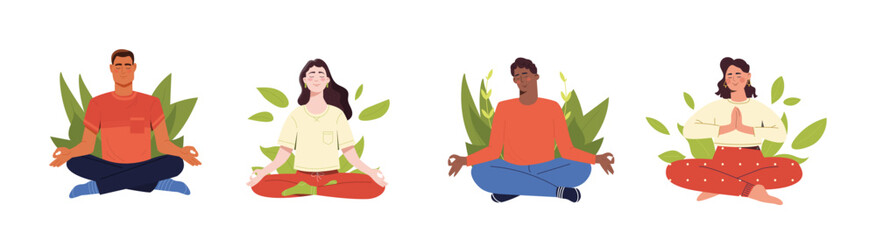 Set of tranquil people. Men and women in lotus position. Yoga and stretching, active lifestyle. Mindfulness and calmness. Cartoon flat vector collection isolated on white background