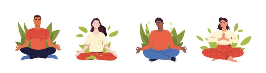 Foto op Canvas Set of tranquil people. Men and women in lotus position. Yoga and stretching, active lifestyle. Mindfulness and calmness. Cartoon flat vector collection isolated on white background © Rudzhan