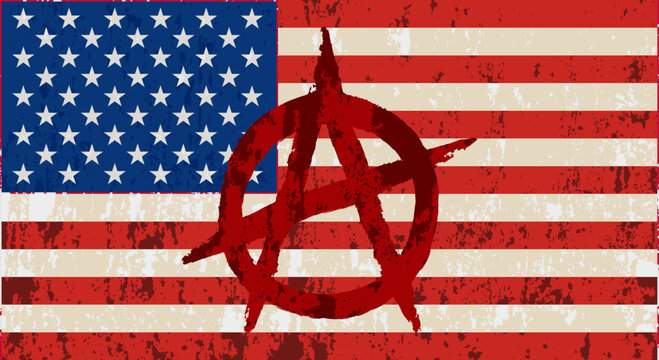 Grunge flag of USA with sign anarchy. Vector image