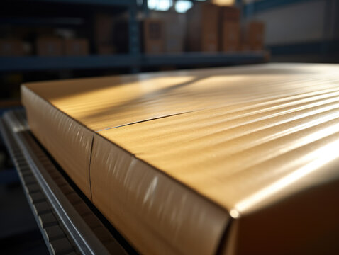 Closeup of the edge of an clean package in a storage hall