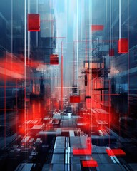 A digital glitchy city with transparent buildings and red hues. AI tech background concept.