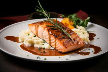 Nutritious Grilled salmon food nature. Lemon dish. Generate Ai