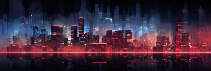 A digital glitchy city with transparent buildings and red hues. AI tech background concept.