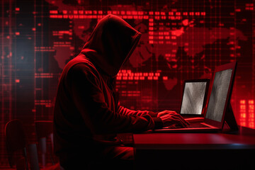 Malicious hacker with computer in a futuristic room trying to steal your passwords